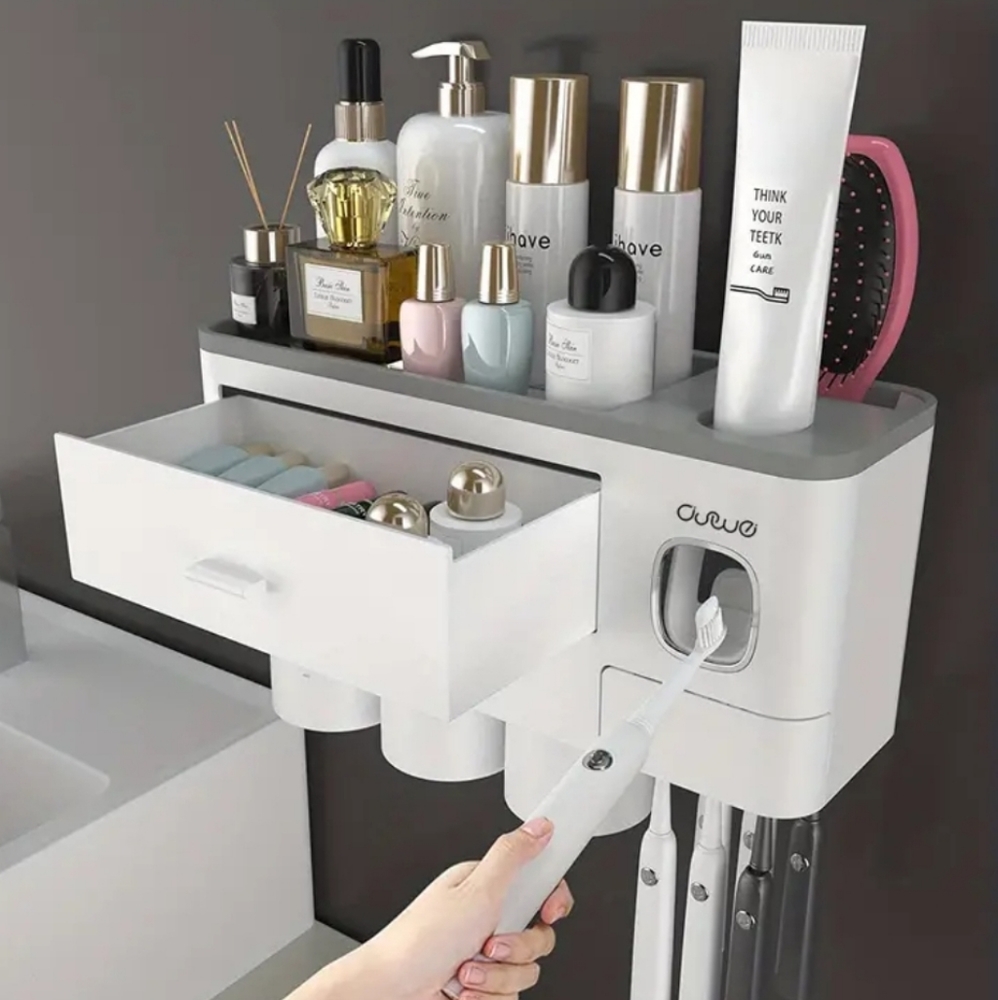 Bathroom wall toothpaste dispenser with cups and extra storage